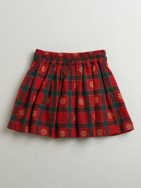 Red New York Print Cotton Sweatshirt with Red-Green Check Cotton Skirt