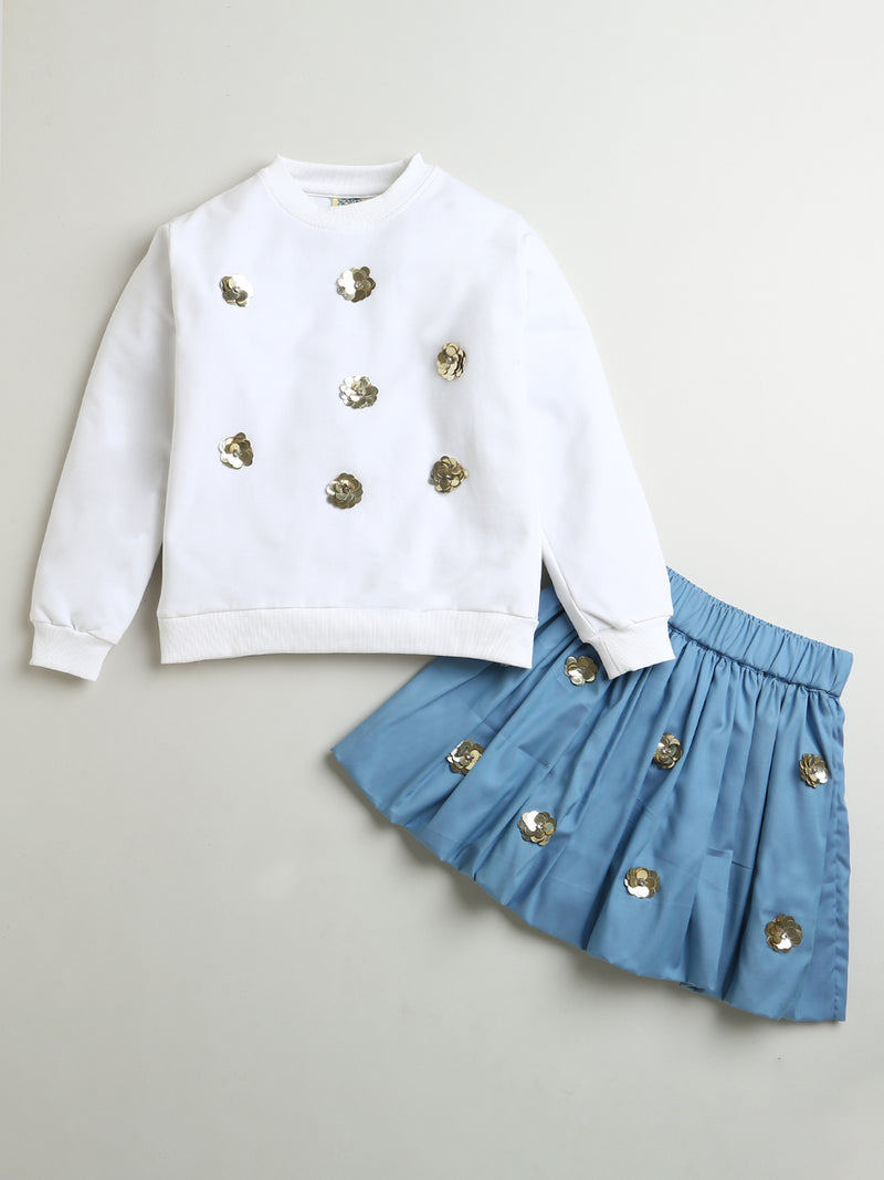 White Sequined Sweatshirt with Blue Flared Skirt