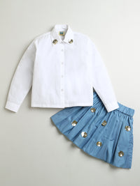 Sequin Flower White Shirt with Blue Flared Skirt