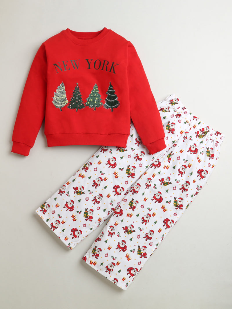 Red New York Print Sweatshirt with Santa Christmas Print Pant