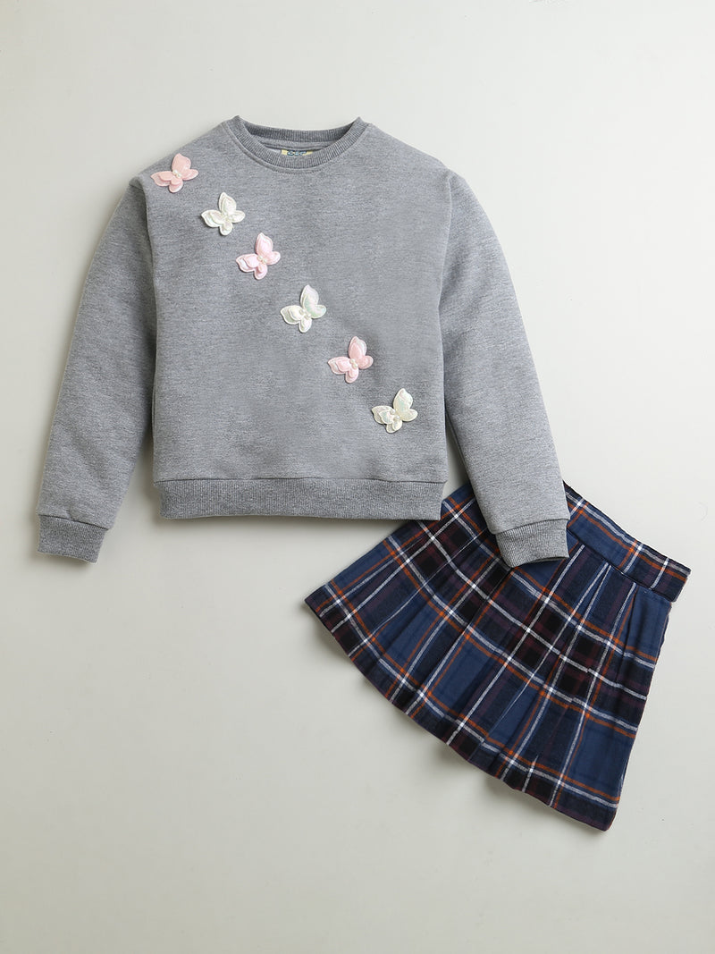 Grey Butterfly Patch Sweatshirt & Blue Checks Skirt