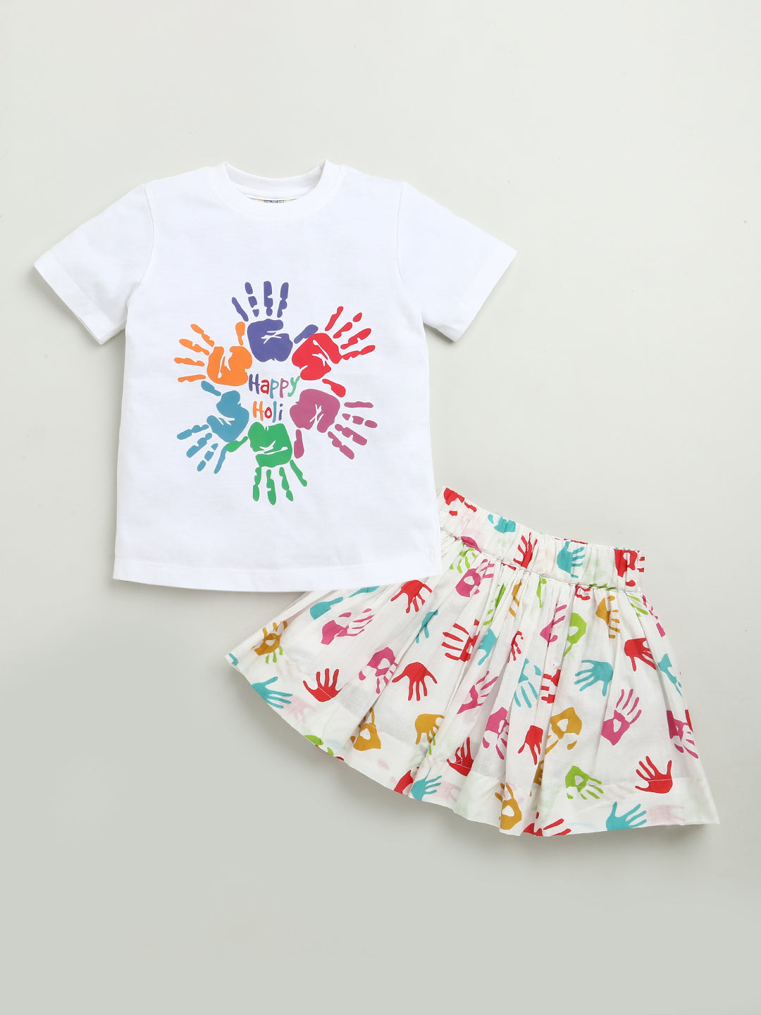 GIRLS HAPPY HOLI T-SHIRT WITH HOLI HAND PRINT SKIRT