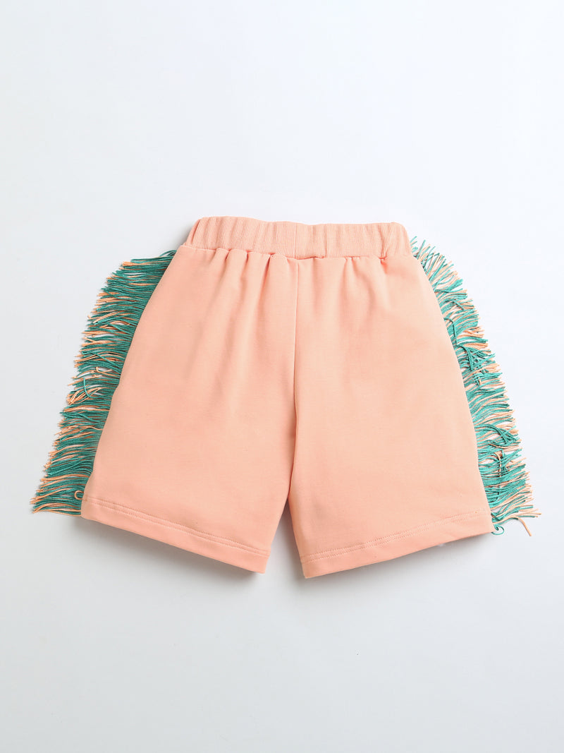 Peach Full Sleeve Fringes Star Print T-Shirt & Shorts