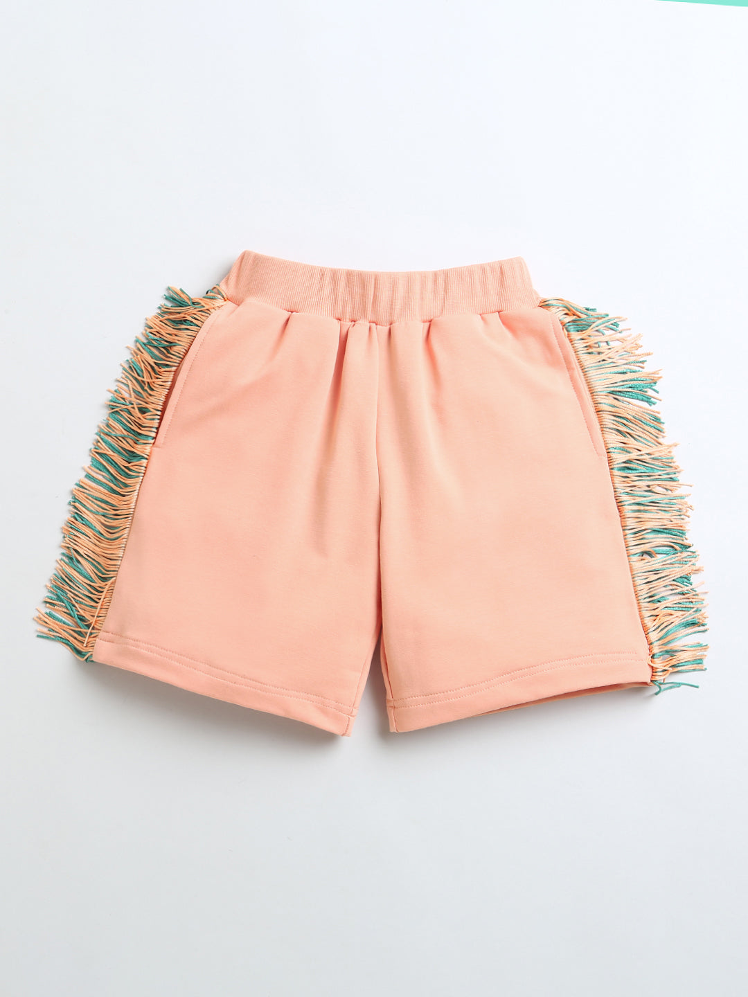 Peach Full Sleeve Fringes Star Print T-Shirt & Shorts