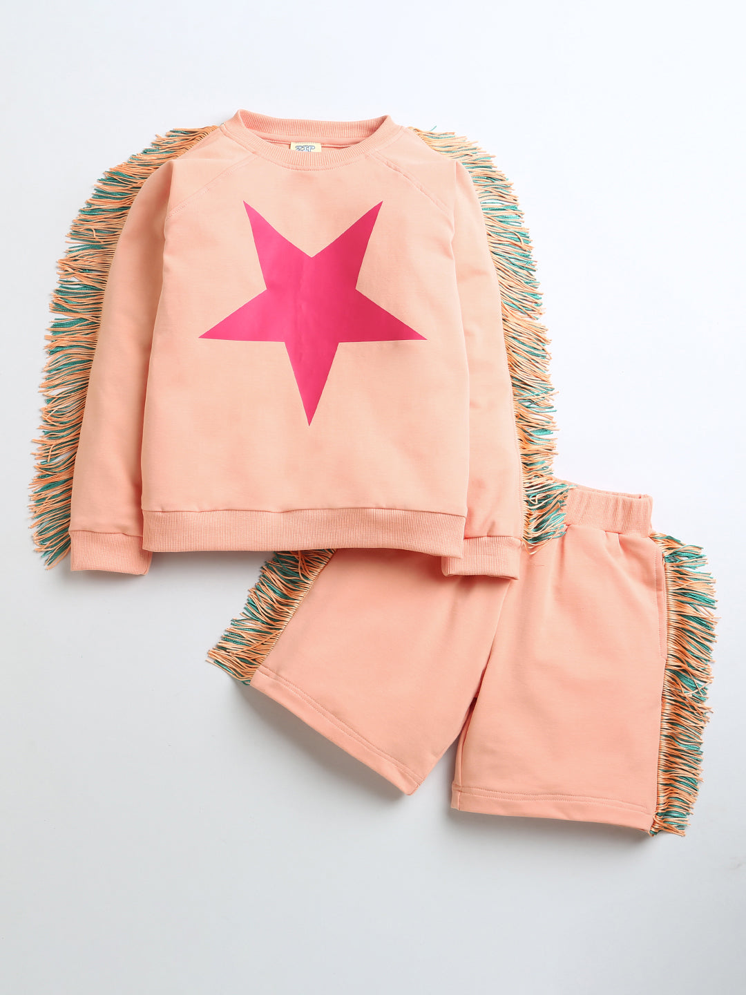 Peach Full Sleeve Fringes Star Print T-Shirt & Shorts