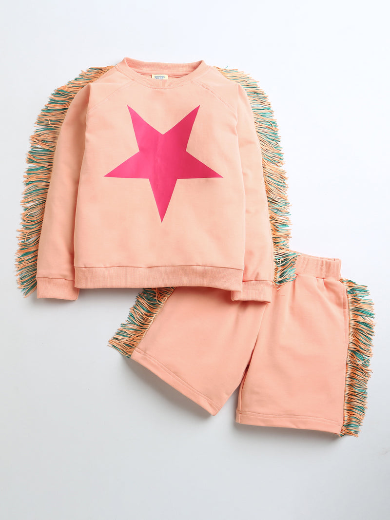 Peach Full Sleeve Fringes Star Print T-Shirt & Shorts