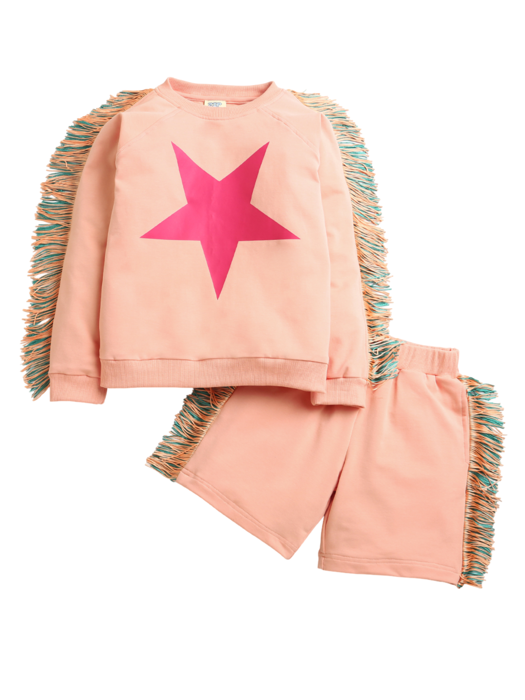 Peach Full Sleeve Fringes Star Print T-Shirt & Shorts