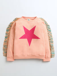 Peach Full Sleeve Fringes Star Print T-Shirt & Shorts