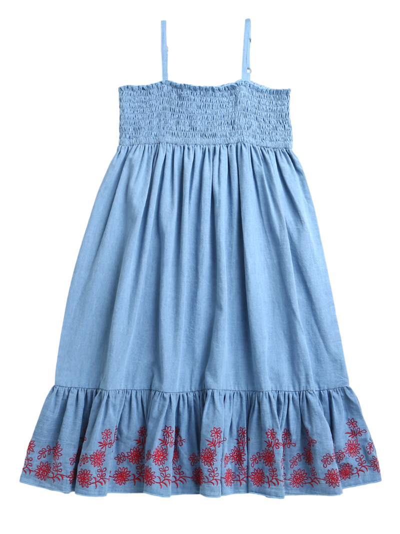 Blue Sleeveless Bottom Embroidery Dress