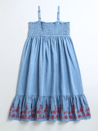 Blue Sleeveless Bottom Embroidery Dress