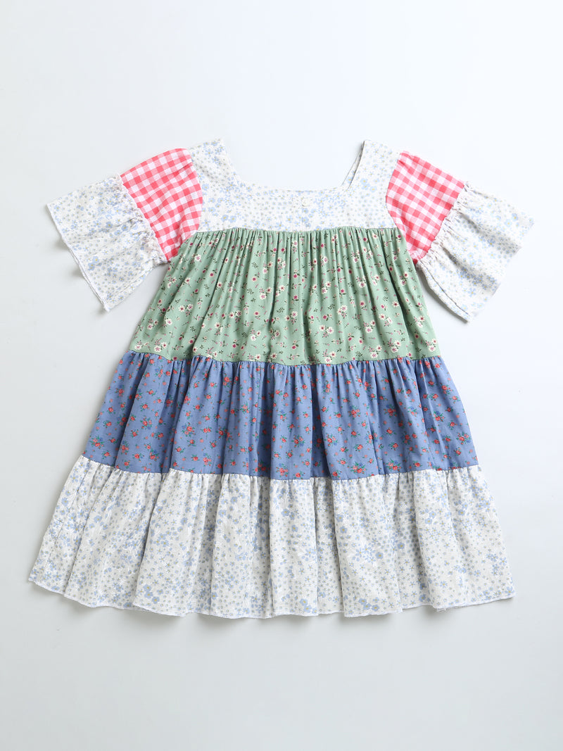 Green Blue White Summer Color Frill Short Sleeve Girls Dress