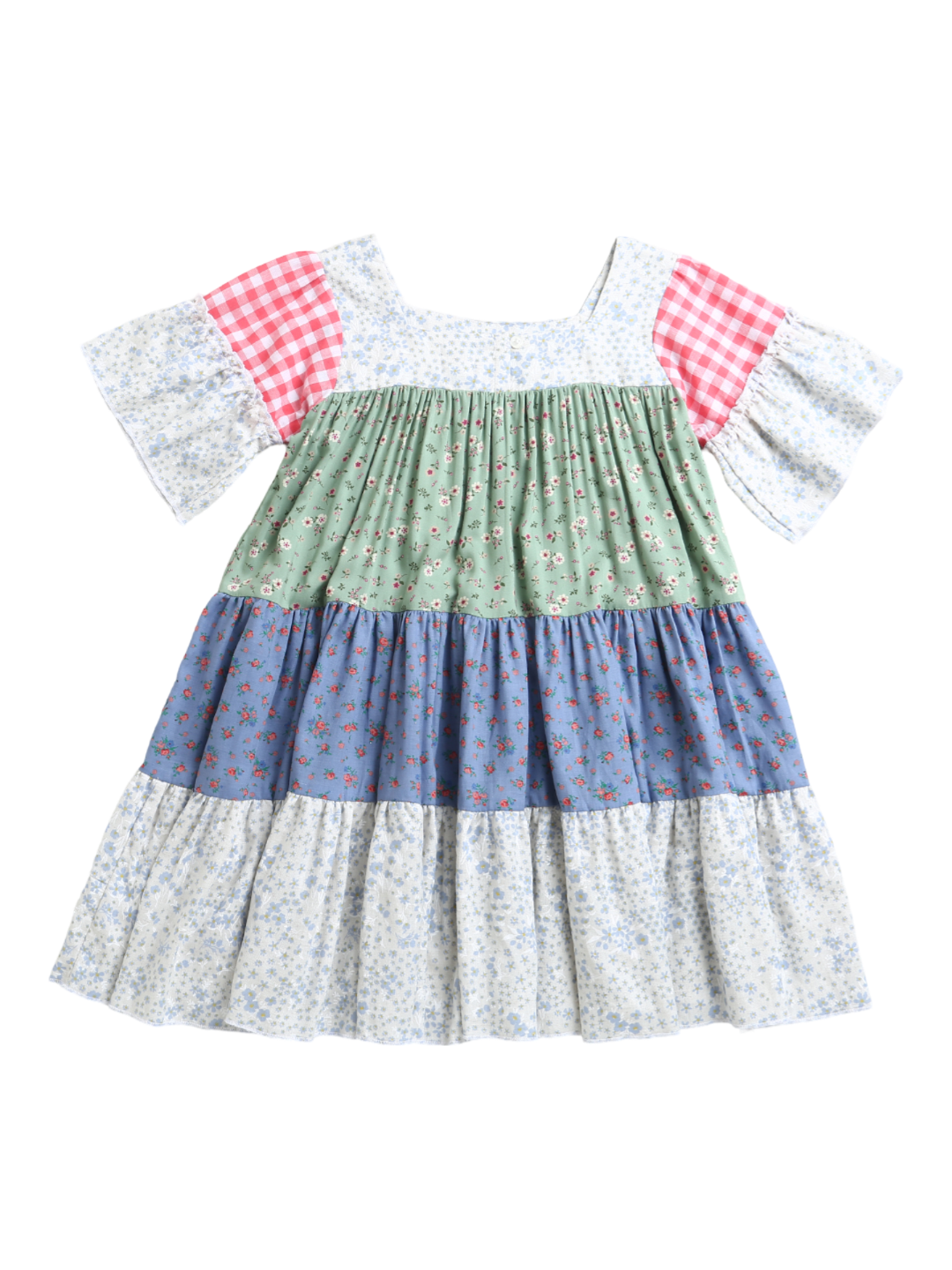 Green Blue White Summer Color Frill Short Sleeve Girls Dress