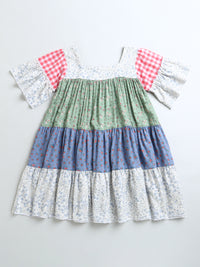 Green Blue White Summer Color Frill Short Sleeve Girls Dress