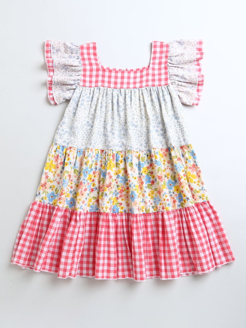 Floral & Check Frill Pattern Dress