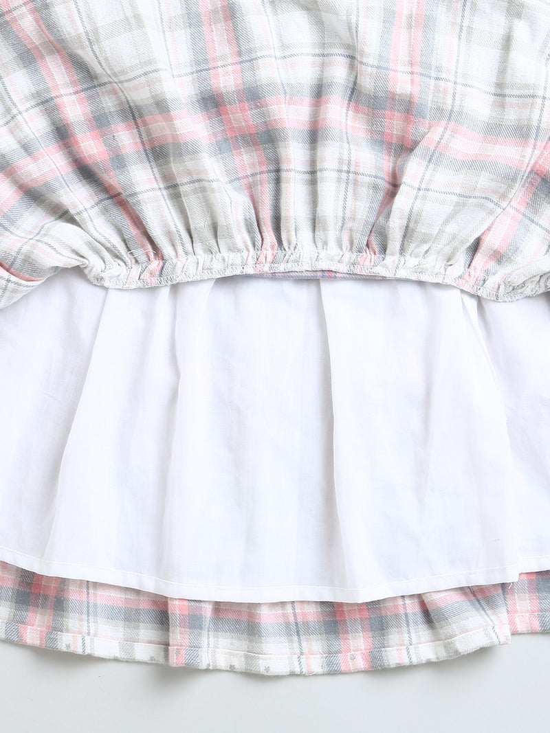 Peach Check Pattern Smocked Dress