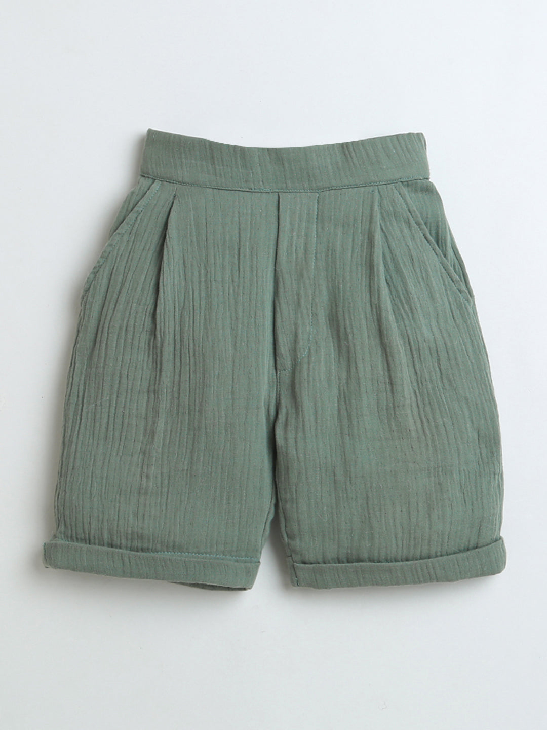 Olive Green Boys Embroidered Shirt & Shorts Co-ord Set