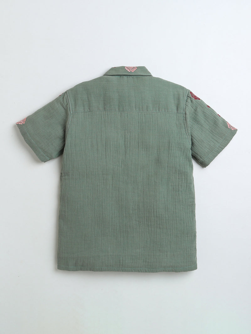 Olive Green Boys Embroidered Shirt & Shorts Co-ord Set