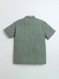 Olive Green All Over Embroidery Collar Neck Boys Shirt