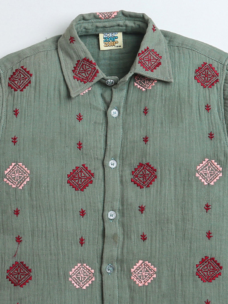 Olive Green All Over Embroidery Collar Neck Boys Shirt