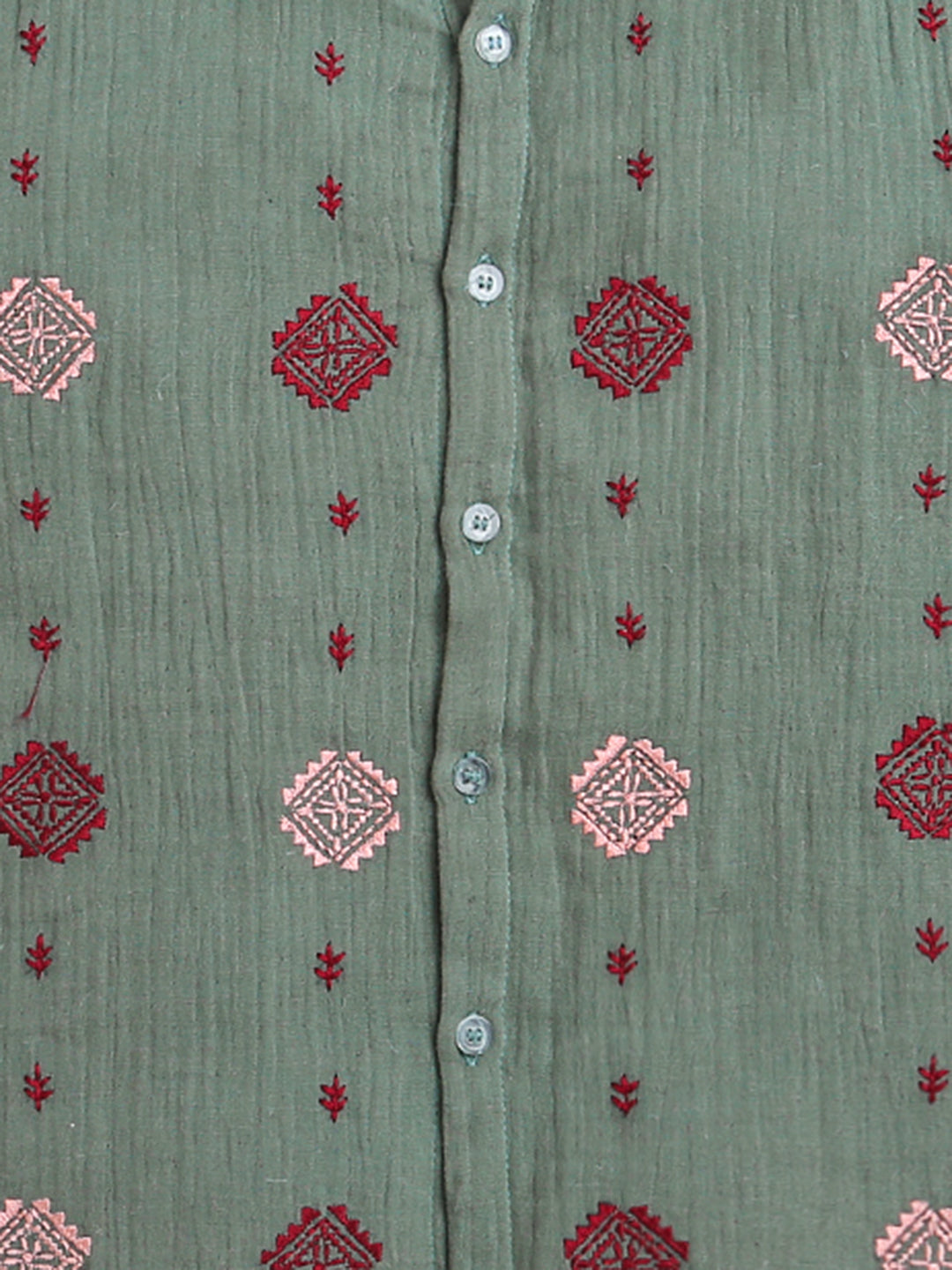 Olive Green All Over Embroidery Collar Neck Boys Shirt