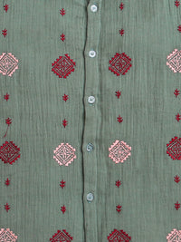 Olive Green All Over Embroidery Collar Neck Boys Shirt