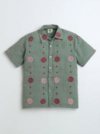 Olive Green Boys Embroidered Shirt & Shorts Co-ord Set