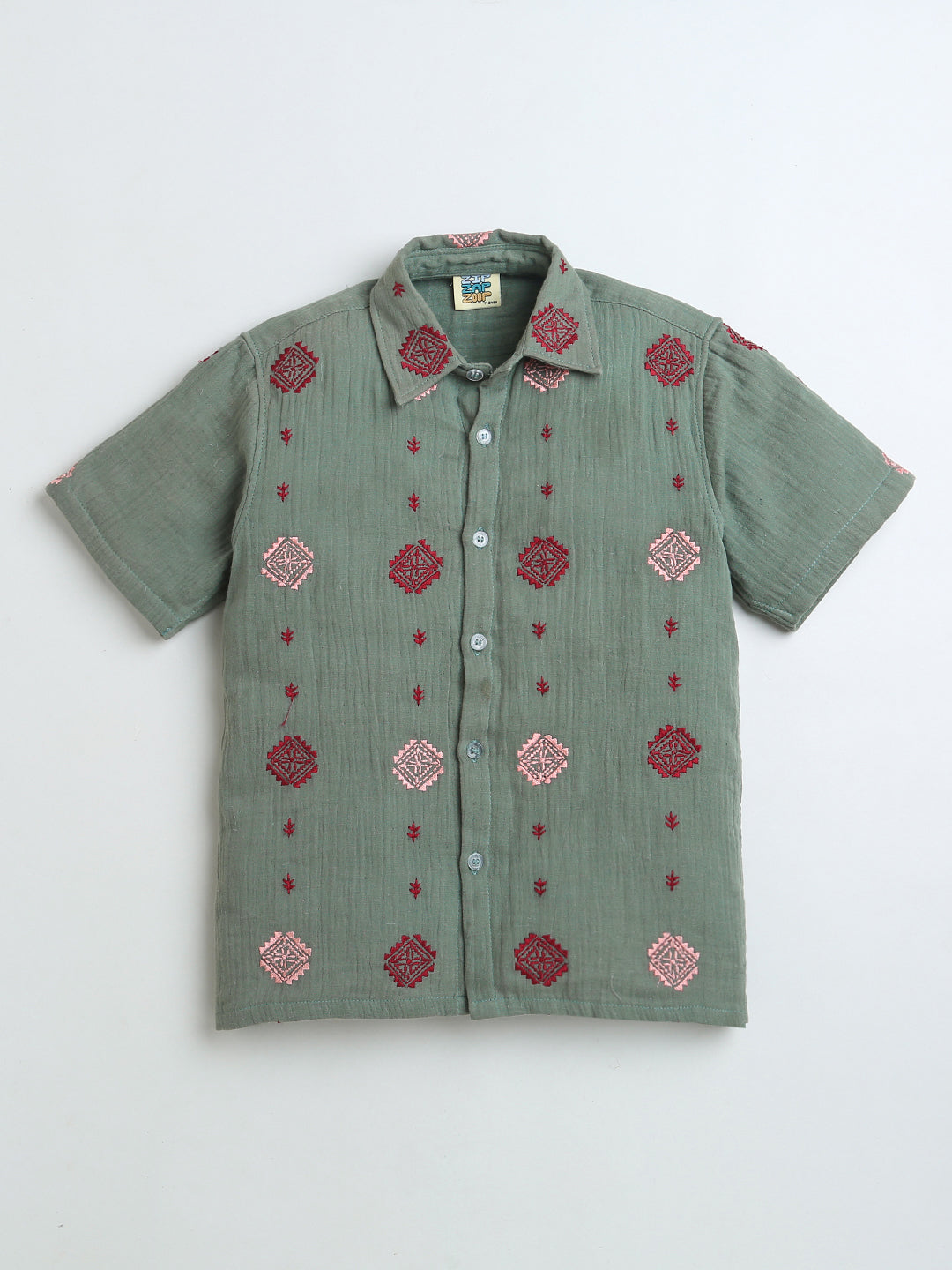 Olive Green All Over Embroidery Collar Neck Boys Shirt