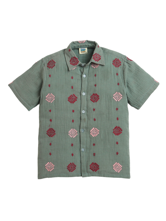Olive Green All Over Embroidery Collar Neck Boys Shirt