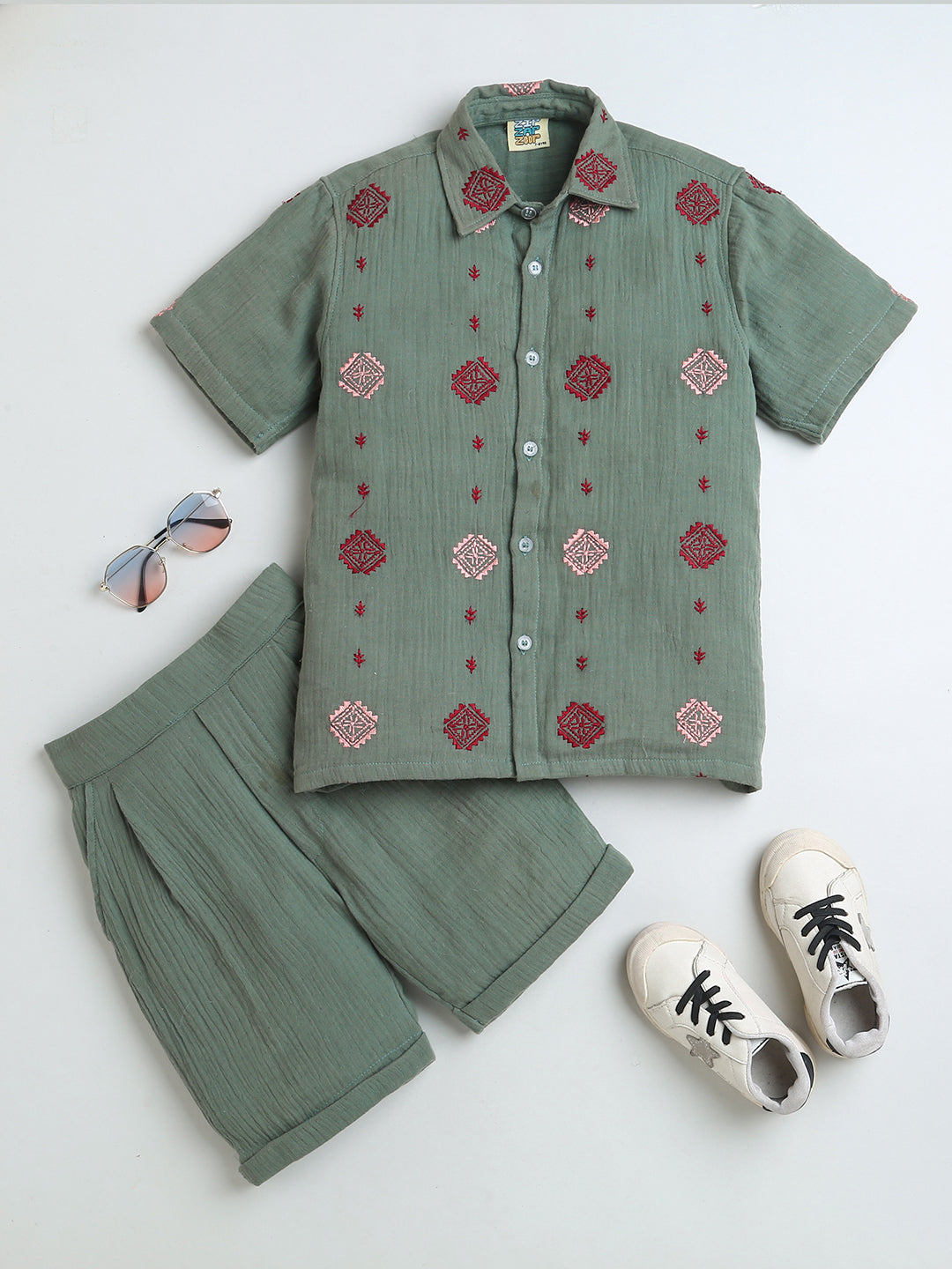 Olive Green Boys Embroidered Shirt & Shorts Co-ord Set