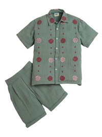 Olive Green Boys Embroidered Shirt & Shorts Co-ord Set