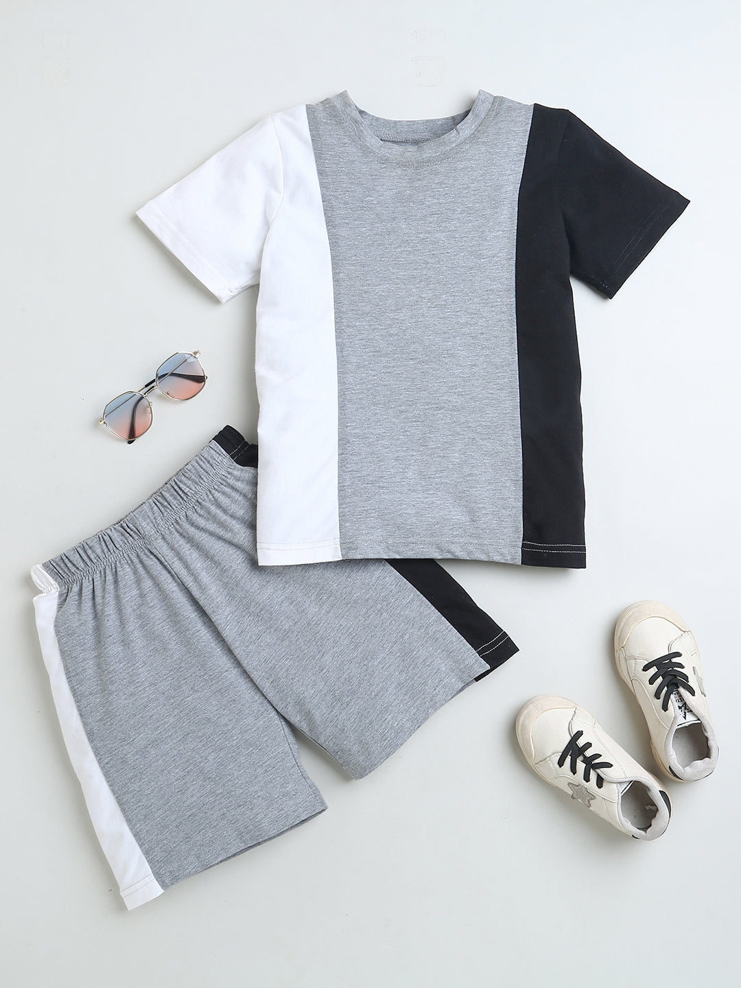 Grey White Black Half Sleeve T-shirt & Shorts Boys Co-ord Set