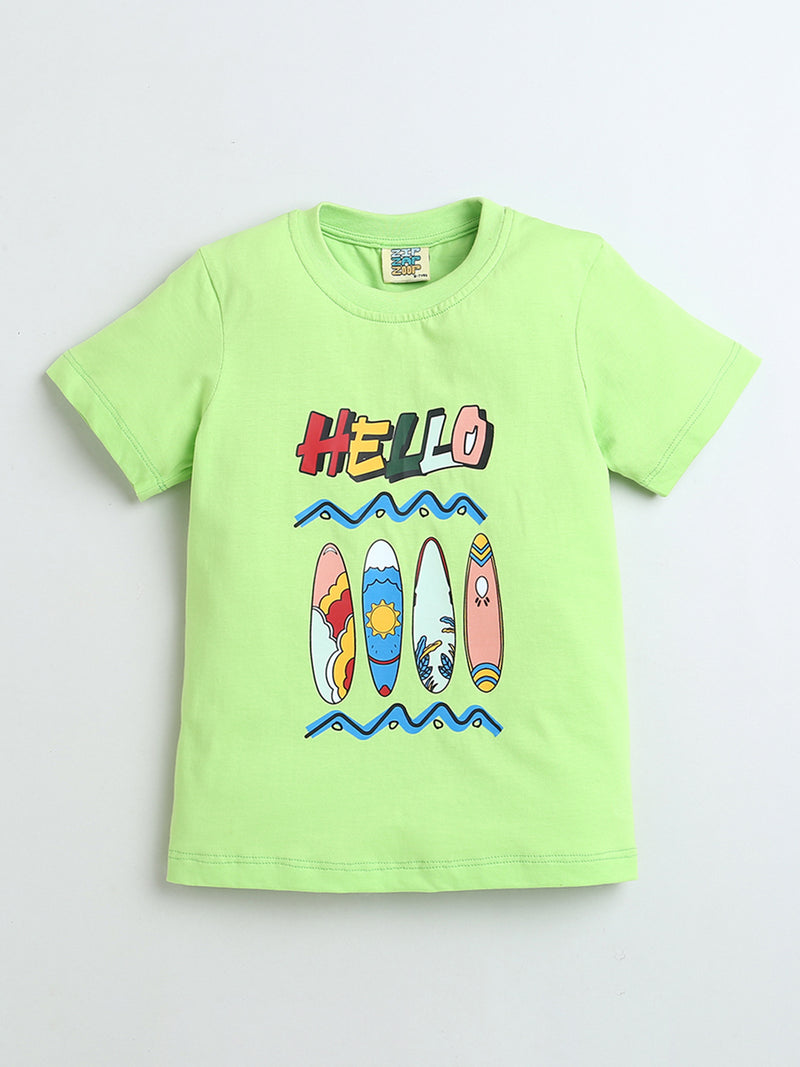 Neon Green Half Sleeve Hello Print Boys Co-ord Set