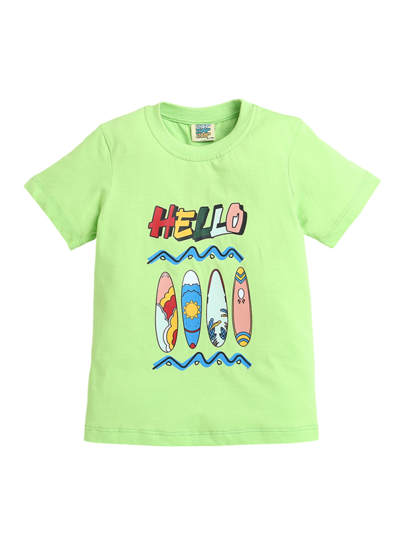 Neon Green Half Sleeve Hello Print T-shirt for Boys