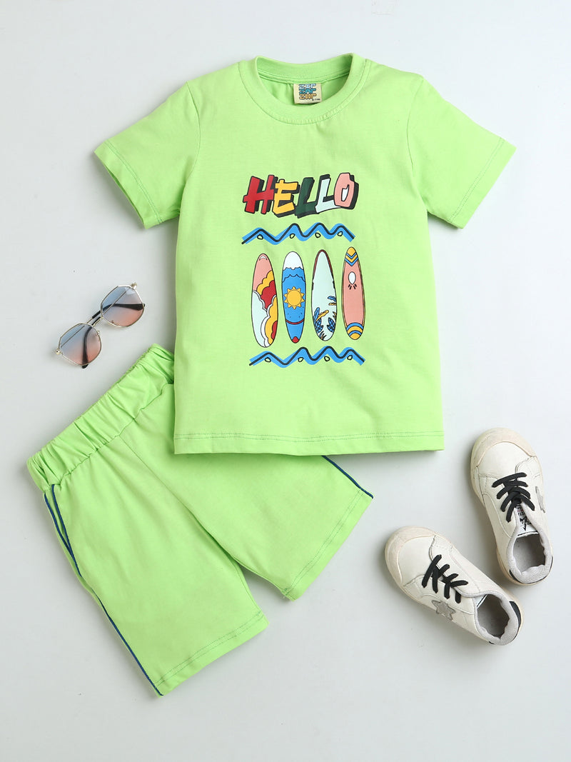 Neon Green Half Sleeve Hello Print Boys Co-ord Set