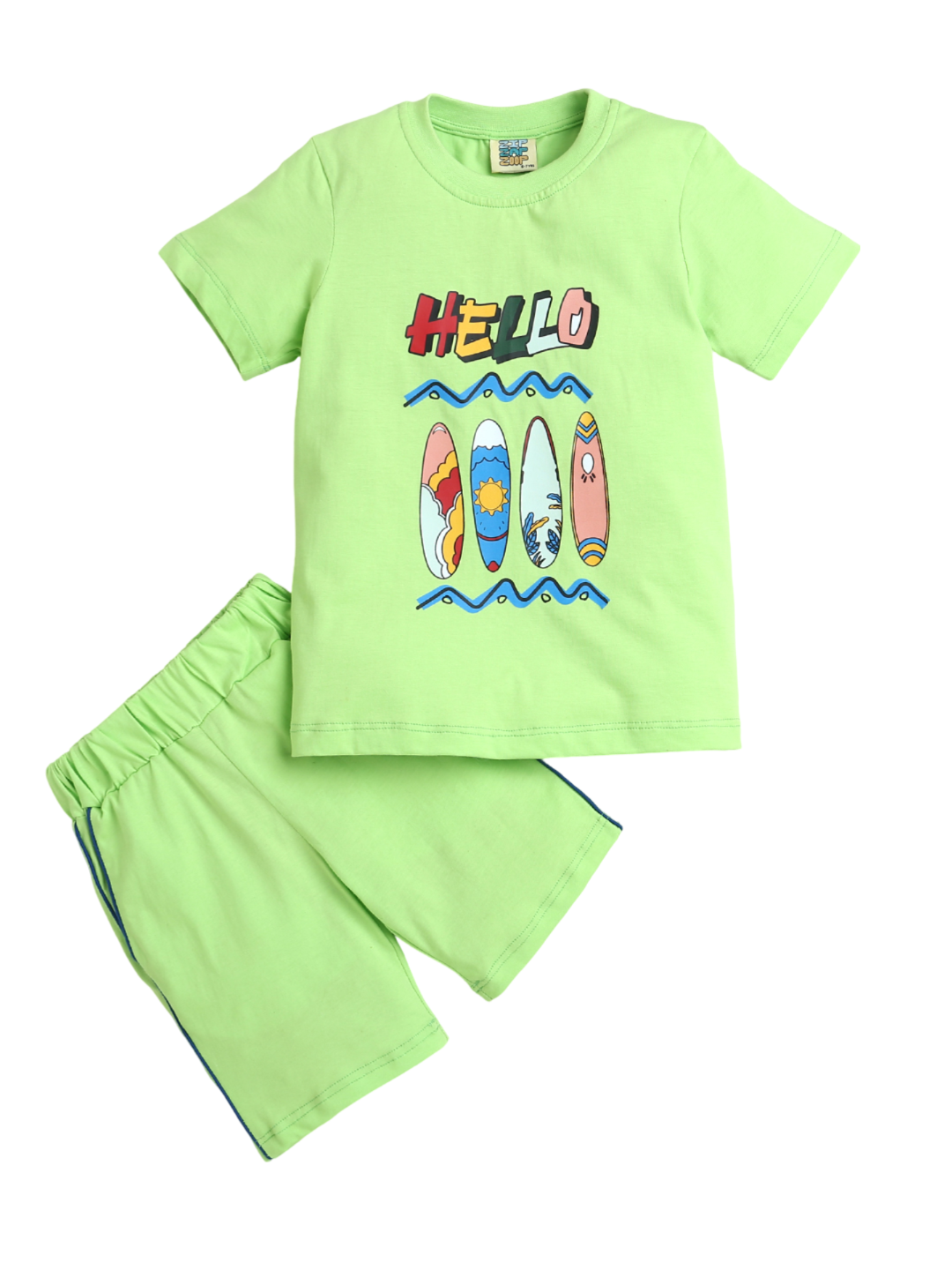 Neon Green Half Sleeve Hello Print Boys Co-ord Set