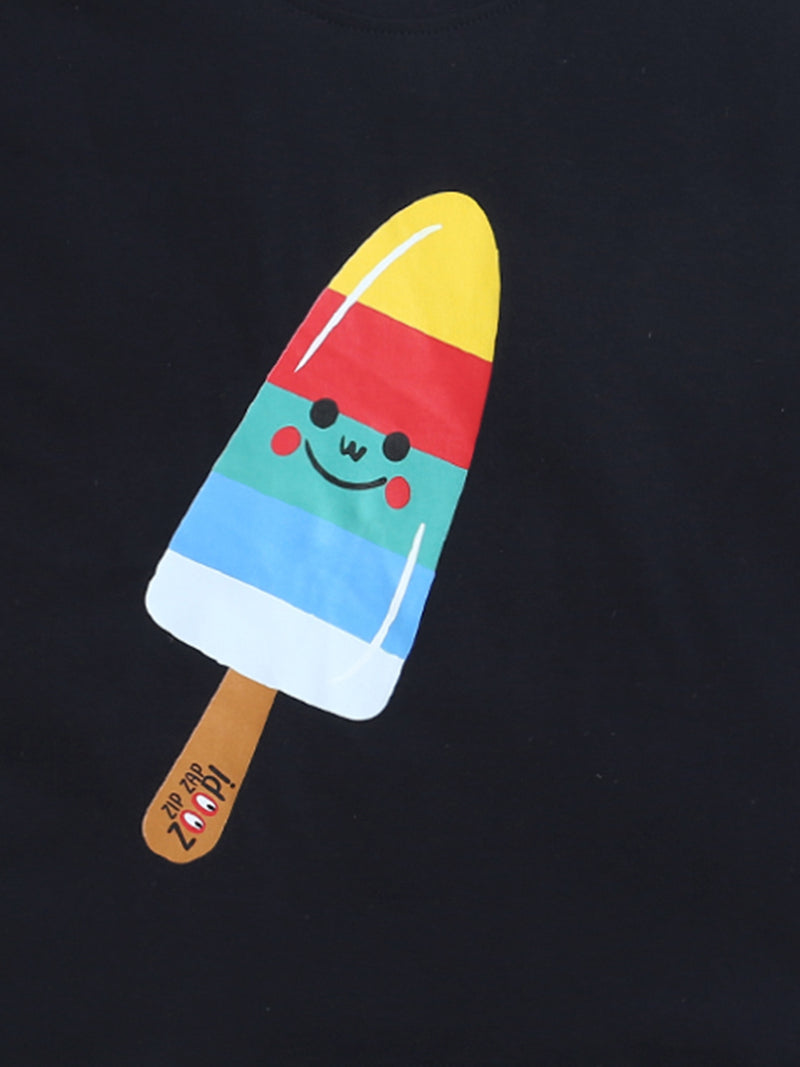 Black half Sleeve Cute Ice Cream Stick Print T-shirt