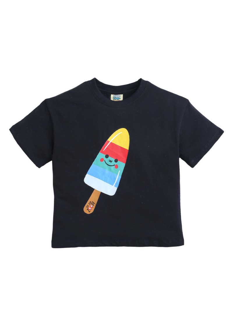 Black half Sleeve Cute Ice Cream Stick Print T-shirt