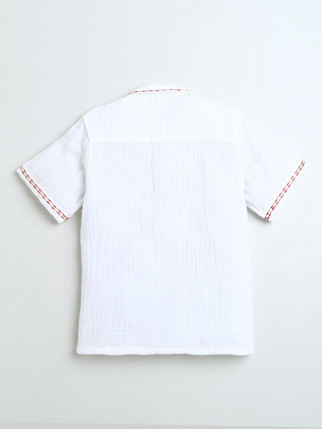 White Half Sleeve Collar Neck Border Highlighting Embroidery Boys Shirt