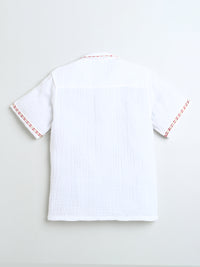 White Half Sleeve Collar Neck Border Highlighting Embroidery Boys Shirt