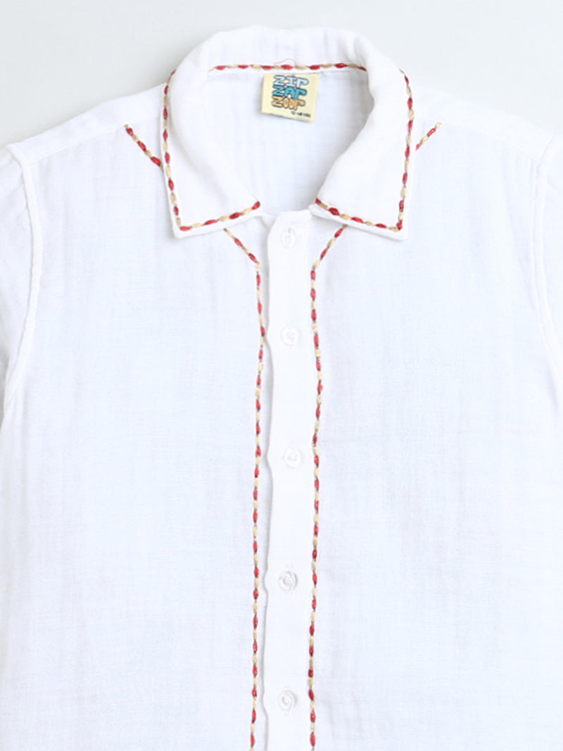 White Half Sleeve Collar Neck Border Highlighting Embroidery Boys Shirt