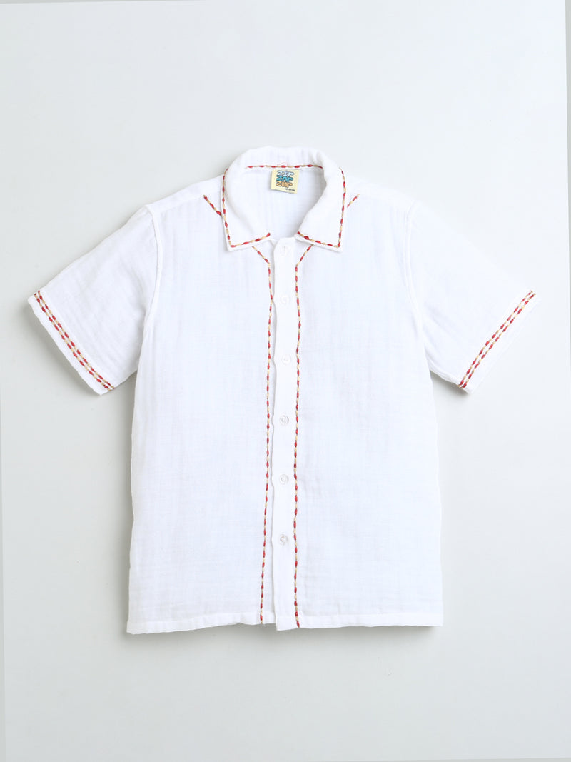 White Half Sleeve Collar Neck Border Highlighting Embroidery Boys Shirt