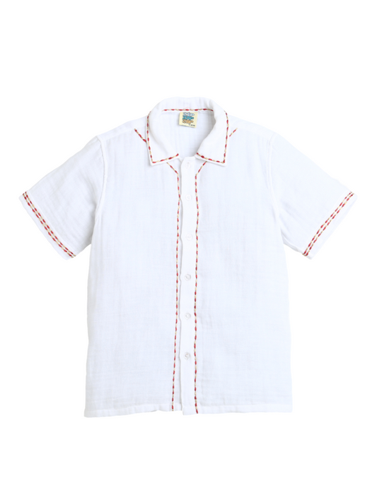 White Half Sleeve Collar Neck Border Highlighting Embroidery Boys Shirt