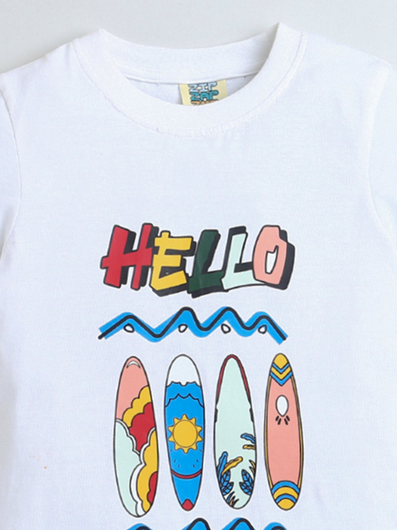 White Half Sleeve Hello Print T-Shirt for Boys