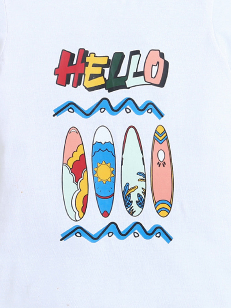 White Half Sleeve Hello Print T-Shirt for Boys