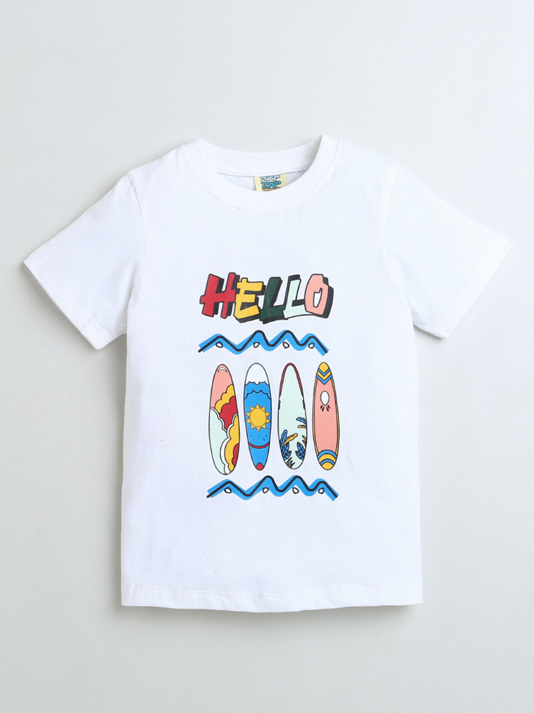 White Half Sleeve Hello Print T-Shirt for Boys