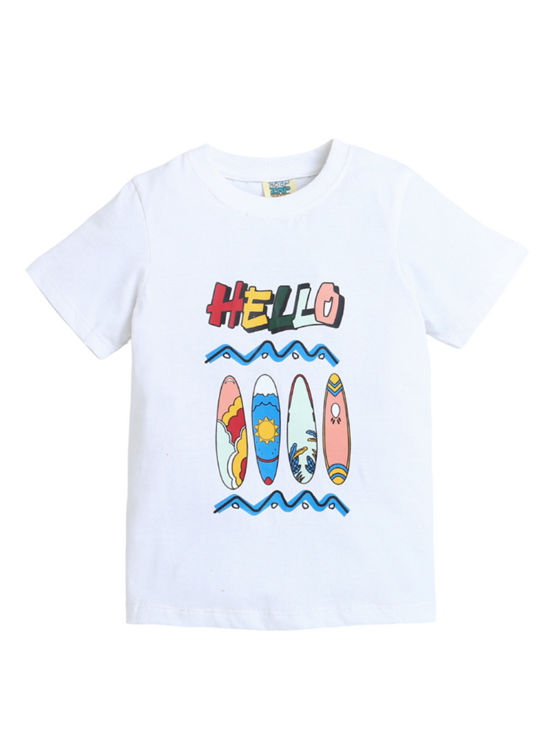 White Half Sleeve Hello Print T-Shirt for Boys