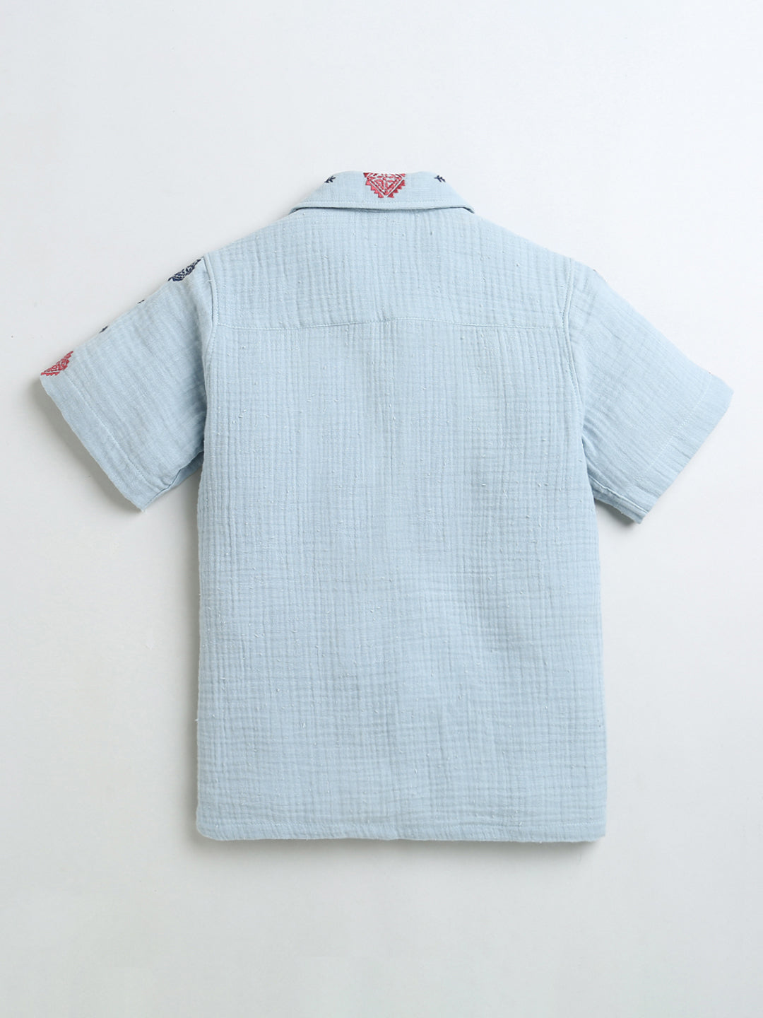 Sky Blue All Over Embroidery Collar Neck Half Sleeve Boys Shirt