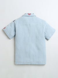 Sky Blue All Over Embroidery Collar Neck Half Sleeve Boys Shirt