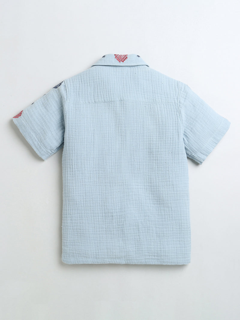 Sky Blue All Over Embroidery Collar Neck Half Sleeve Boys Shirt