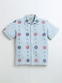 Sky Blue All Over Embroidery Collar Neck Half Sleeve Boys Shirt